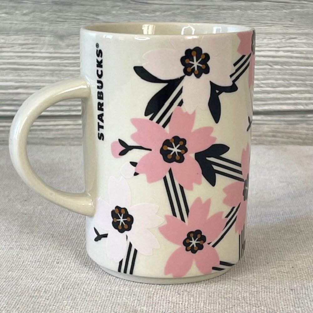 Starbucks 2017 Coffee Mug Cherry Blossoms Sakura Pink White Black Floral Flowers